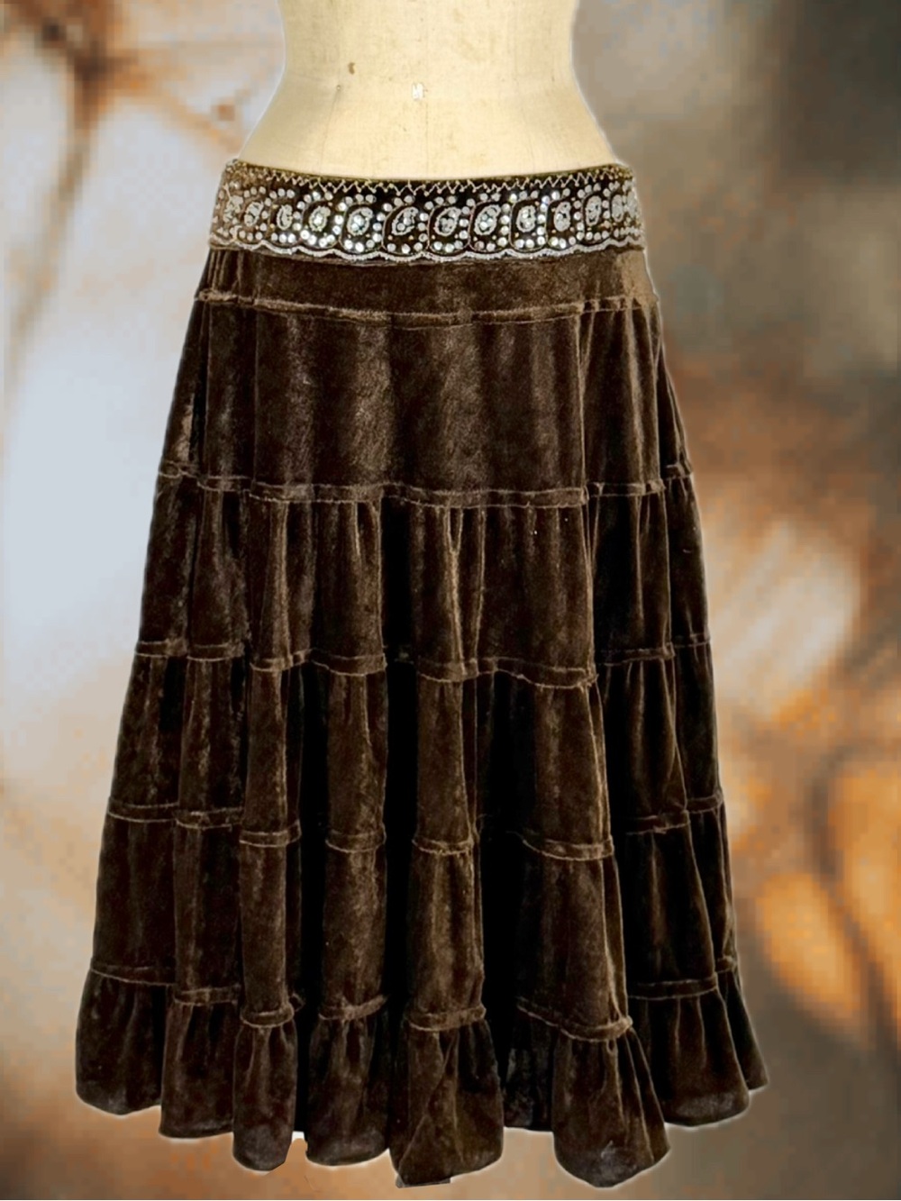 VINTAGE Y2K earthy brown velvet tiered skirt midi sequin bead waistband boho 90s